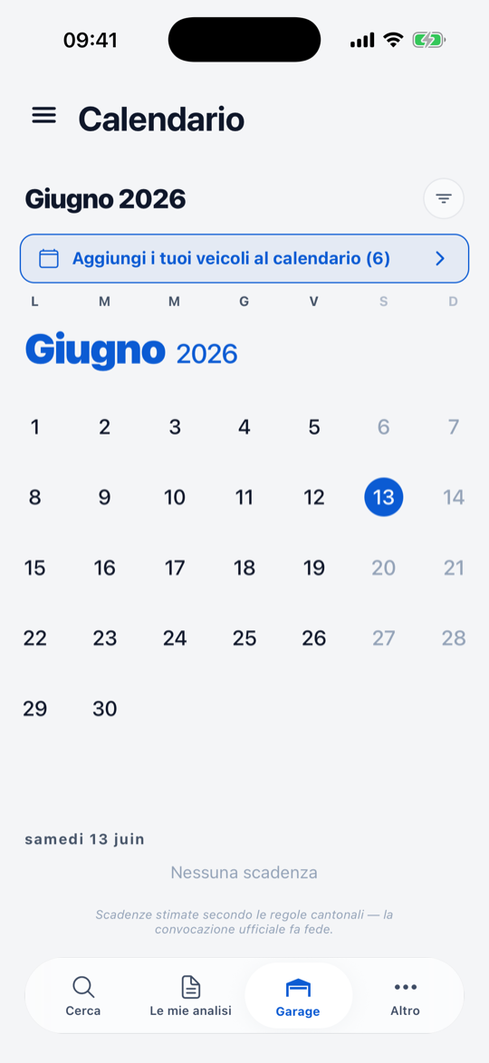 Vista mensile del calendario dei collaudi per veicolo