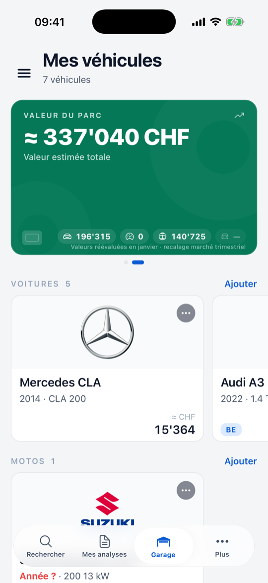 Garage avec valeur du parc et total des taxes annuelles