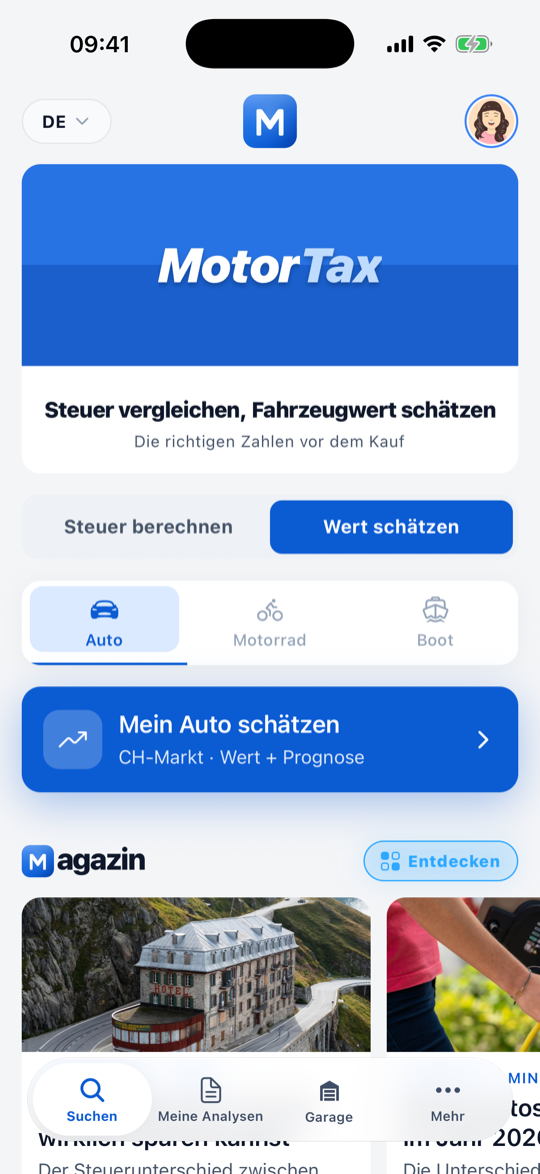 Startbildschirm der MotorTax-App