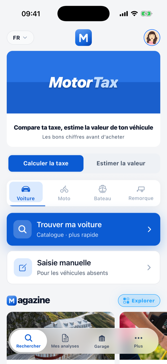 Écran d'accueil de l'application MotorTax