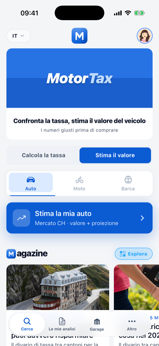 Schermata iniziale dell'app MotorTax